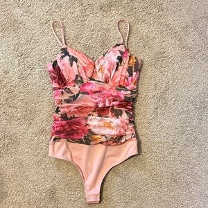 Express Floral Pink Ruched Bodysuit